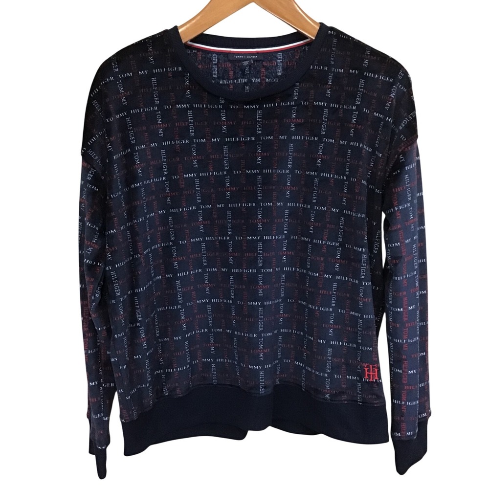 Tommy Hilfiger Navy Logo Print Velour Crewneck Sweatshirt Top Womens Medium